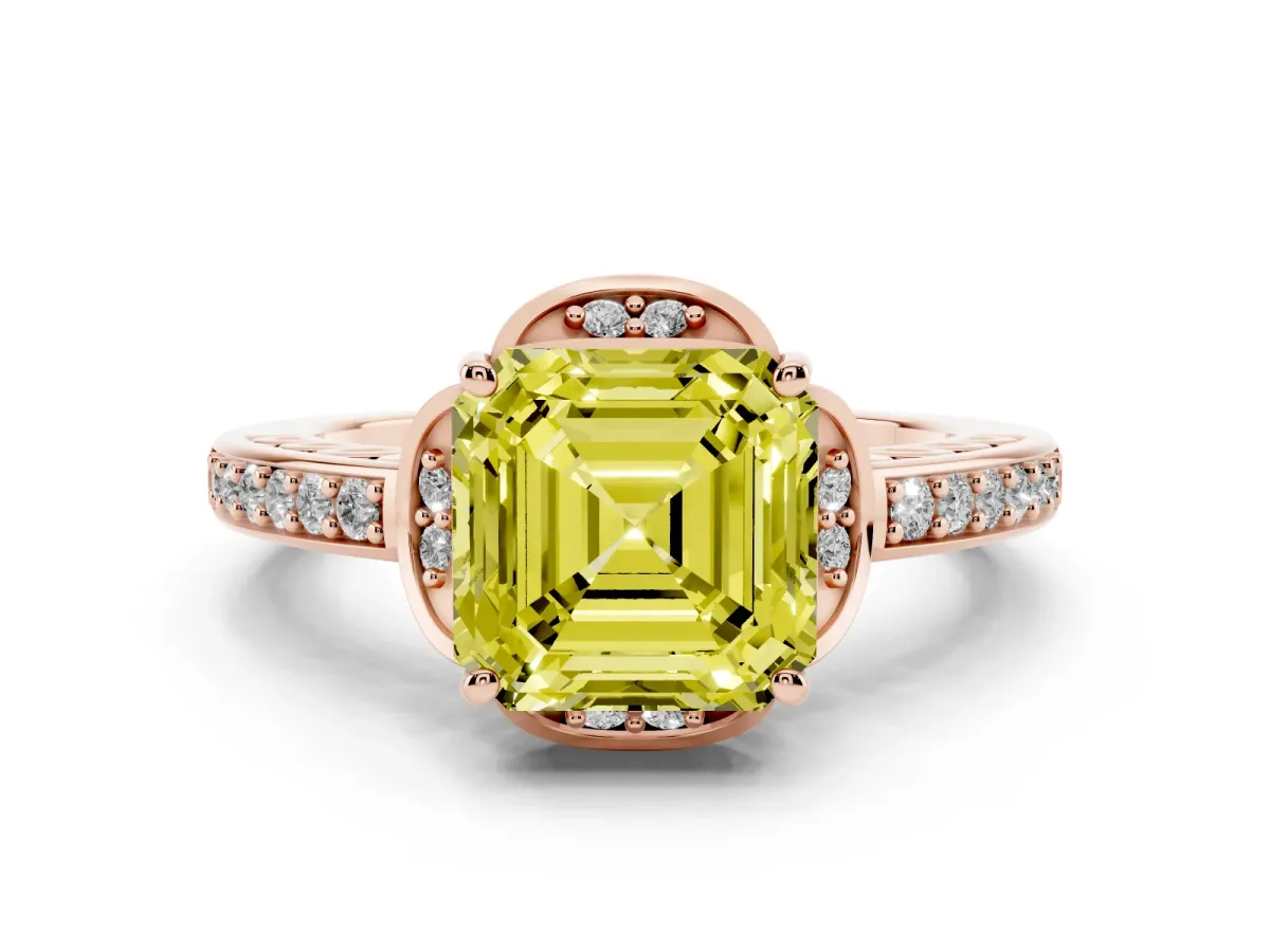 Fancy Yellow Asscher Cut Diamond Halo Ring Set in Rose gold with Channel Set Band and Prong Setting