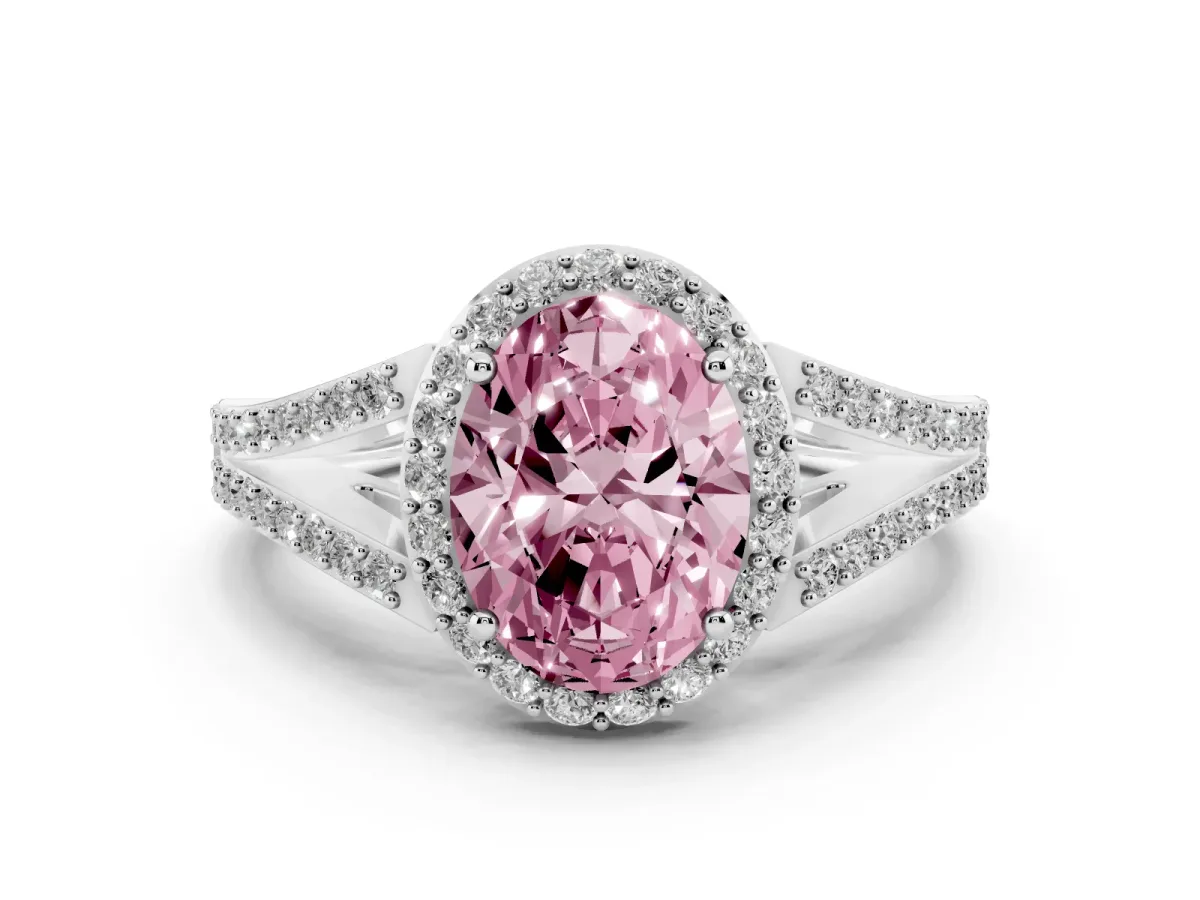 Fancy Pink Oval Cut Diamond Halo Split Shank Pavé Ring Set in Platinum with Prong Setting