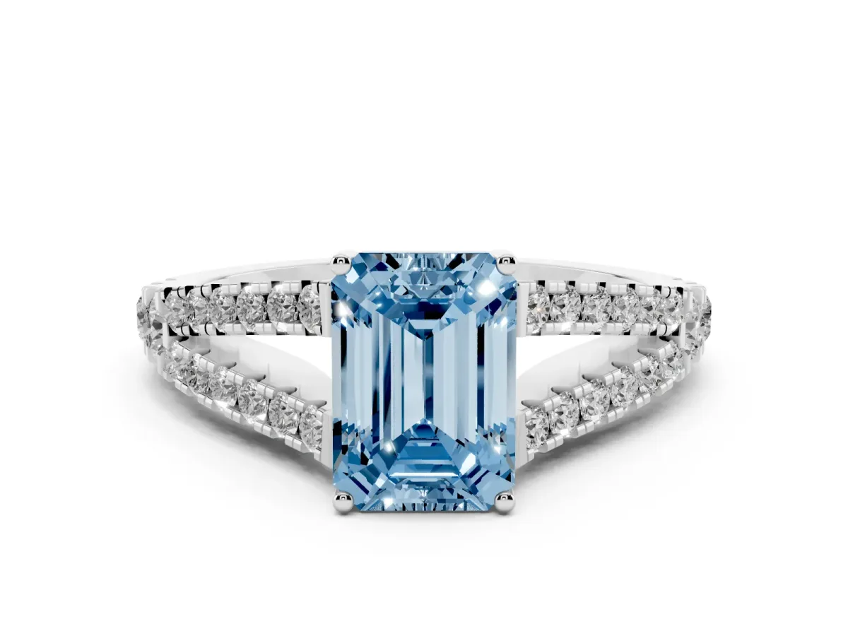 Fancy Blue Emerald Cut Diamond Split Shank Pavé Engagement Ring Set in Platinum with Prong-Held Center Stone