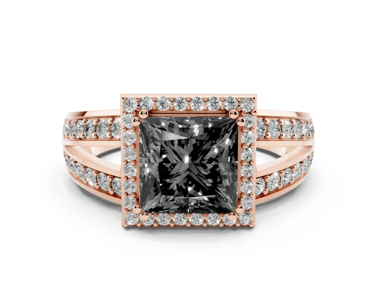Fancy Black Princess Cut Diamond Halo Ring Set in Rose gold with Double Pavé Split Shank