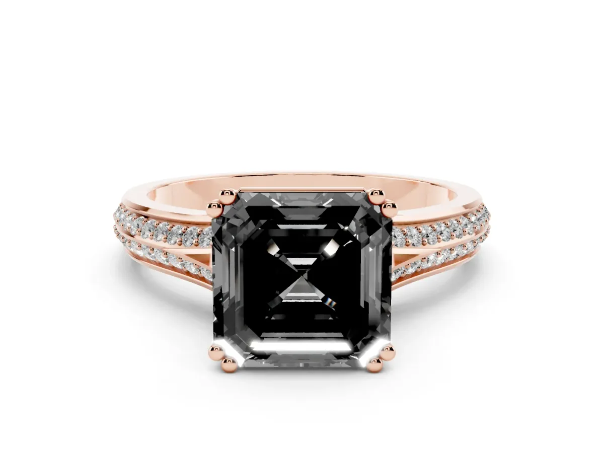 Fancy Black Asscher Cut Diamond Split Shank Pavé Engagement Ring Set in Rose gold with Prong-Set Center Stone