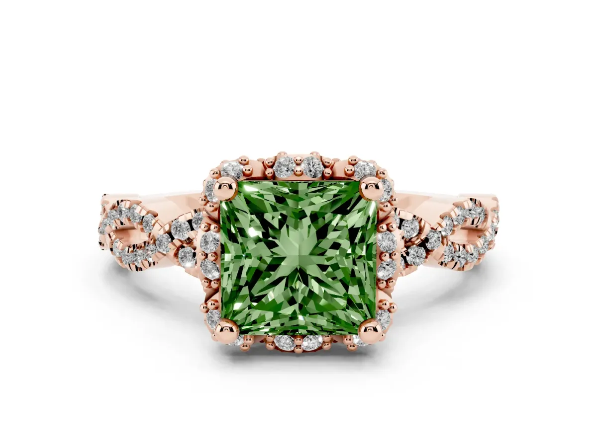Fancy Green Princess Cut Diamond Halo Twist Band Solitaire Ring Set in Rose gold with Prong-Set Center Stone