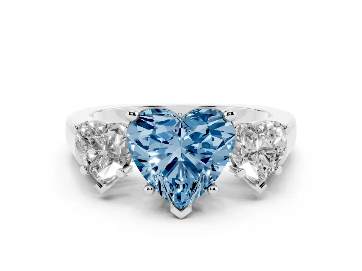 Fancy Blue Heart Cut Diamond Three-Stone Trellis Ring Set in Platinum with Comfort Fit Band