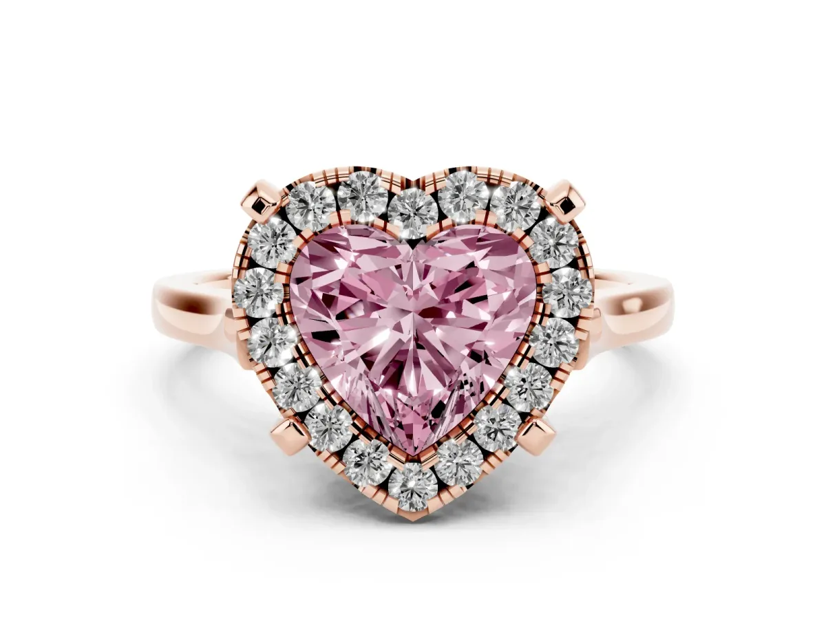 Fancy Pink Heart Cut Diamond Cluster Halo Solitaire Ring Set in Rose gold with Prong Setting