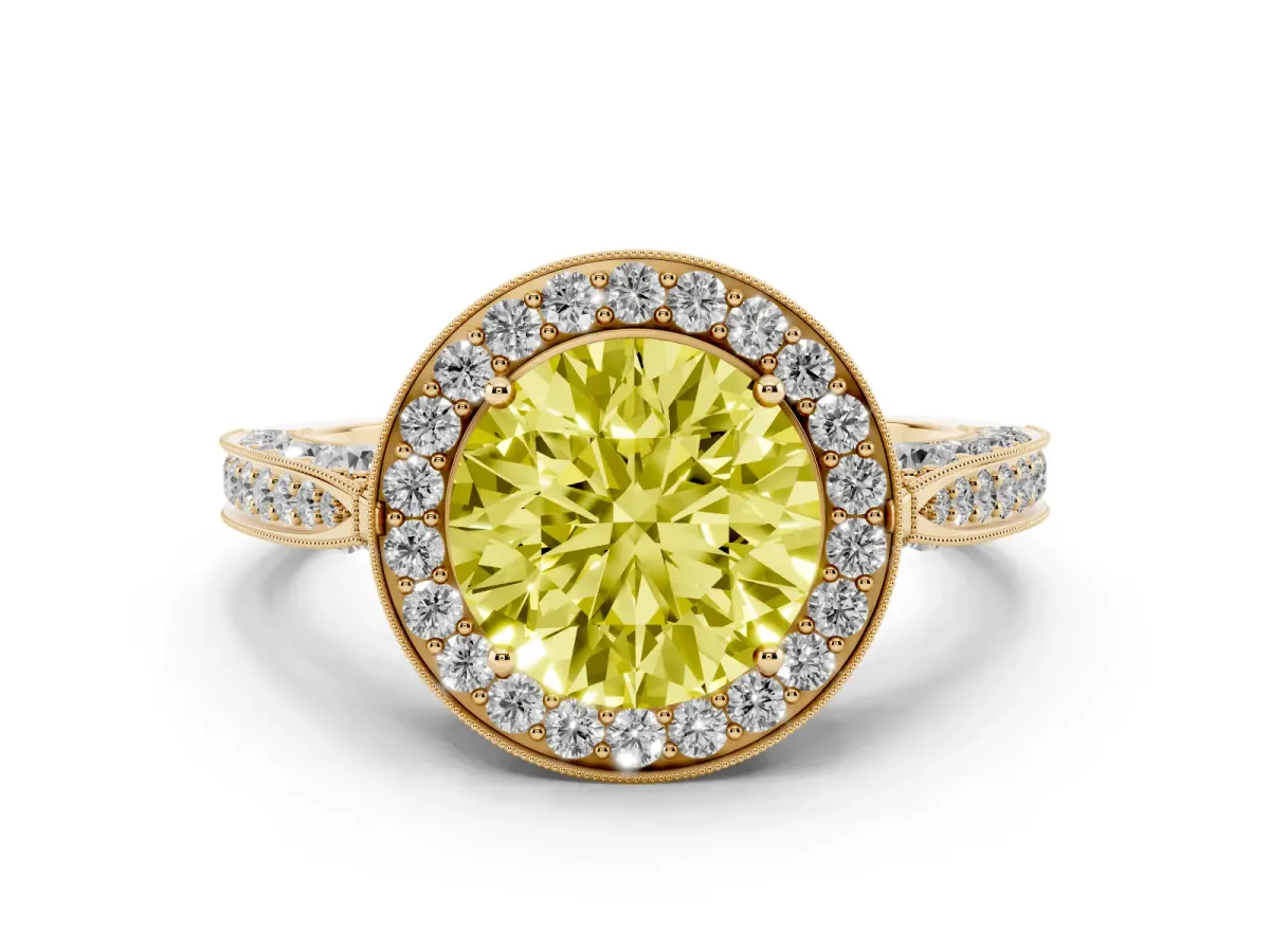 Fancy Yellow Round Cut Diamond Halo Engagement Ring Set in Yellow gold with Accent Split Shank Band