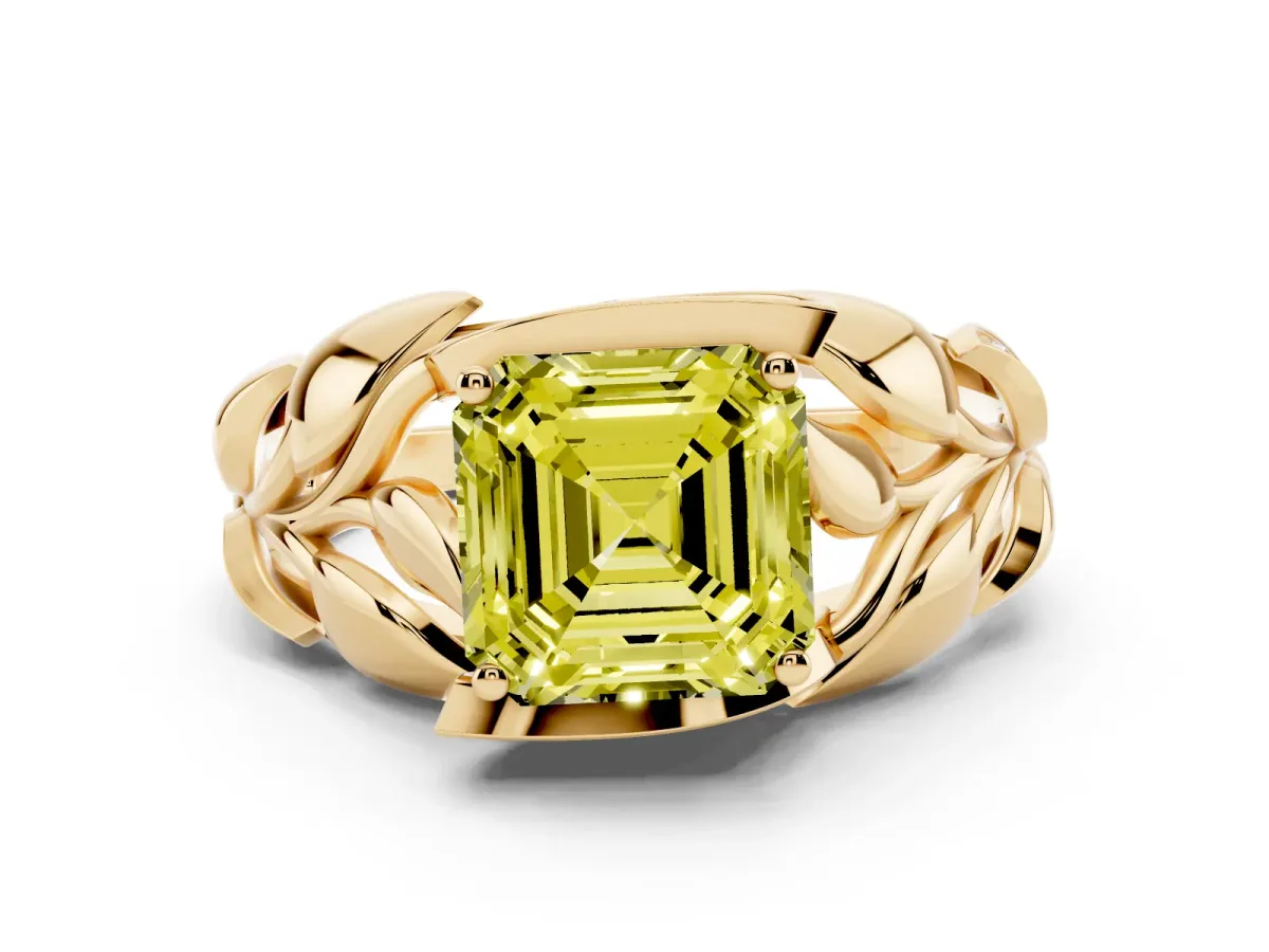 Fancy Yellow Asscher Cut Diamond Leaf-Inspired Engagement Ring Set in Yellow gold with Round Accents