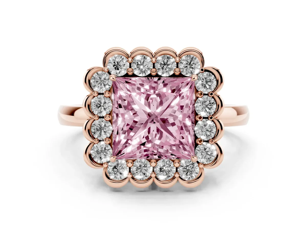Fancy Pink Princess Cut Diamond Halo Cluster Engagement Ring Set in Rose gold with Solitaire Band and Prong Setting