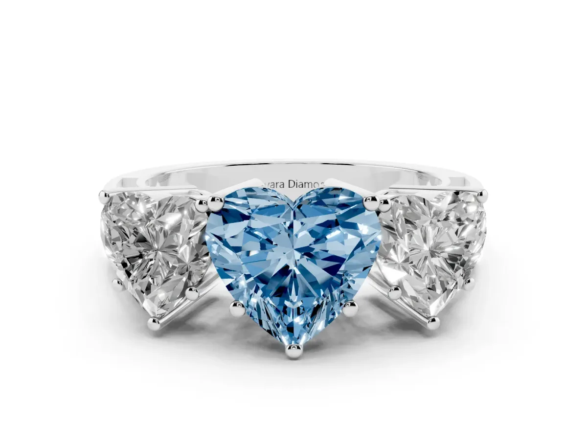 Fancy Blue Heart Cut Diamond Three-Stone Ring Set in Platinum with Textured Band