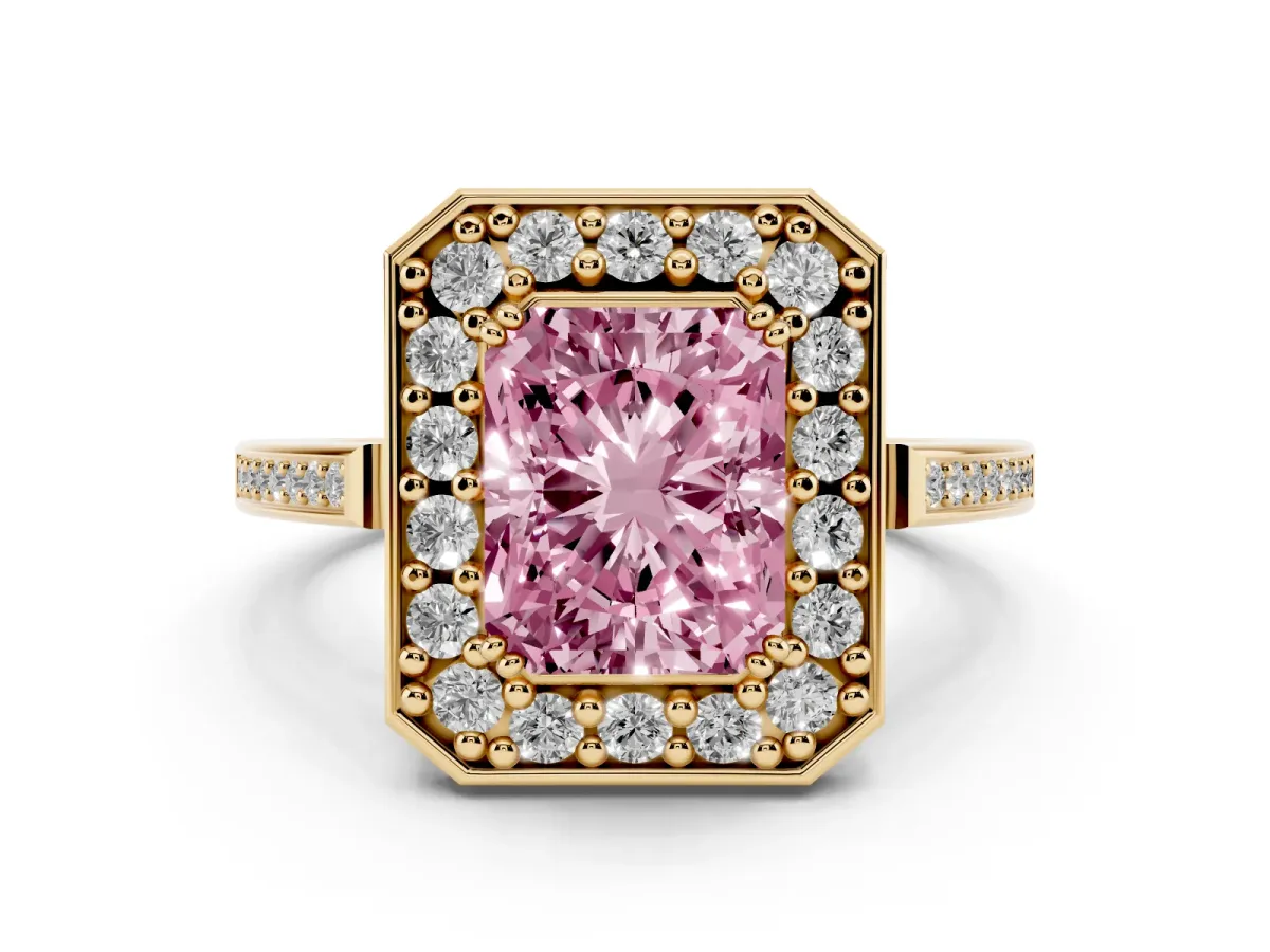 Fancy Pink Radiant Cut Diamond Halo Ring Set in Yellow gold with Accent-Lined Split Shank and Prong Setting