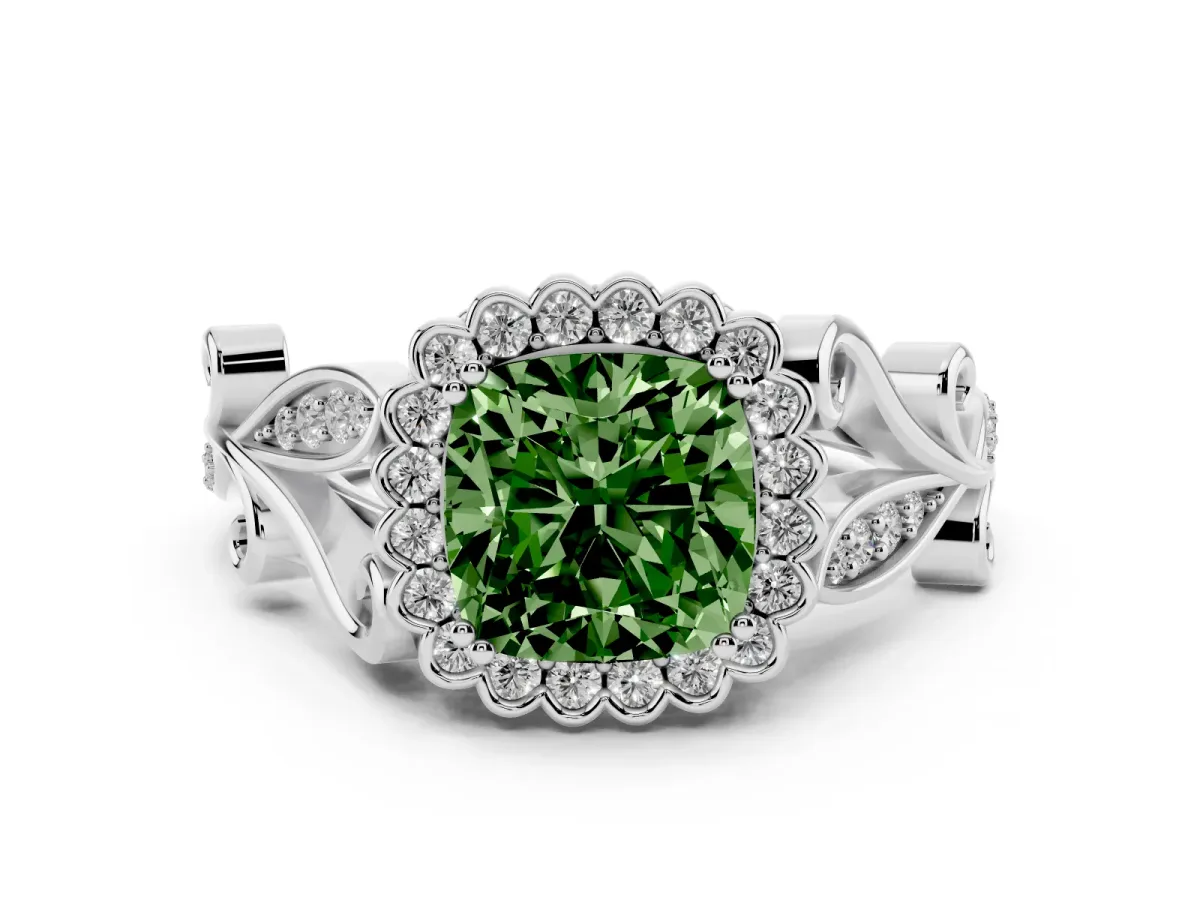 Fancy Green Cushion Cut Diamond Halo Ring Set in Platinum with Leaf Motif Split Shank and Prong Setting