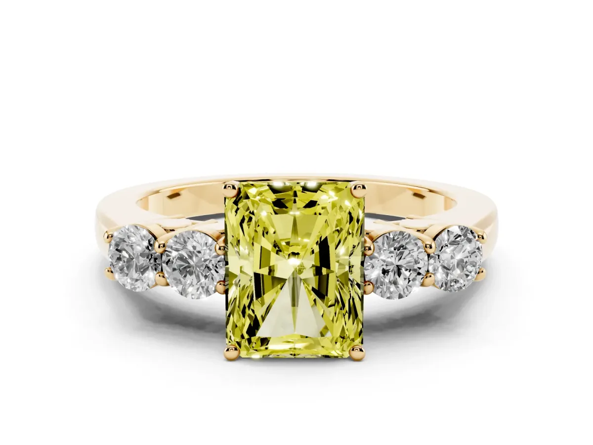 Fancy Yellow Radiant Cut Diamond Five-Stone Prong Set Band Ring Set in Yellow gold with Polished Band