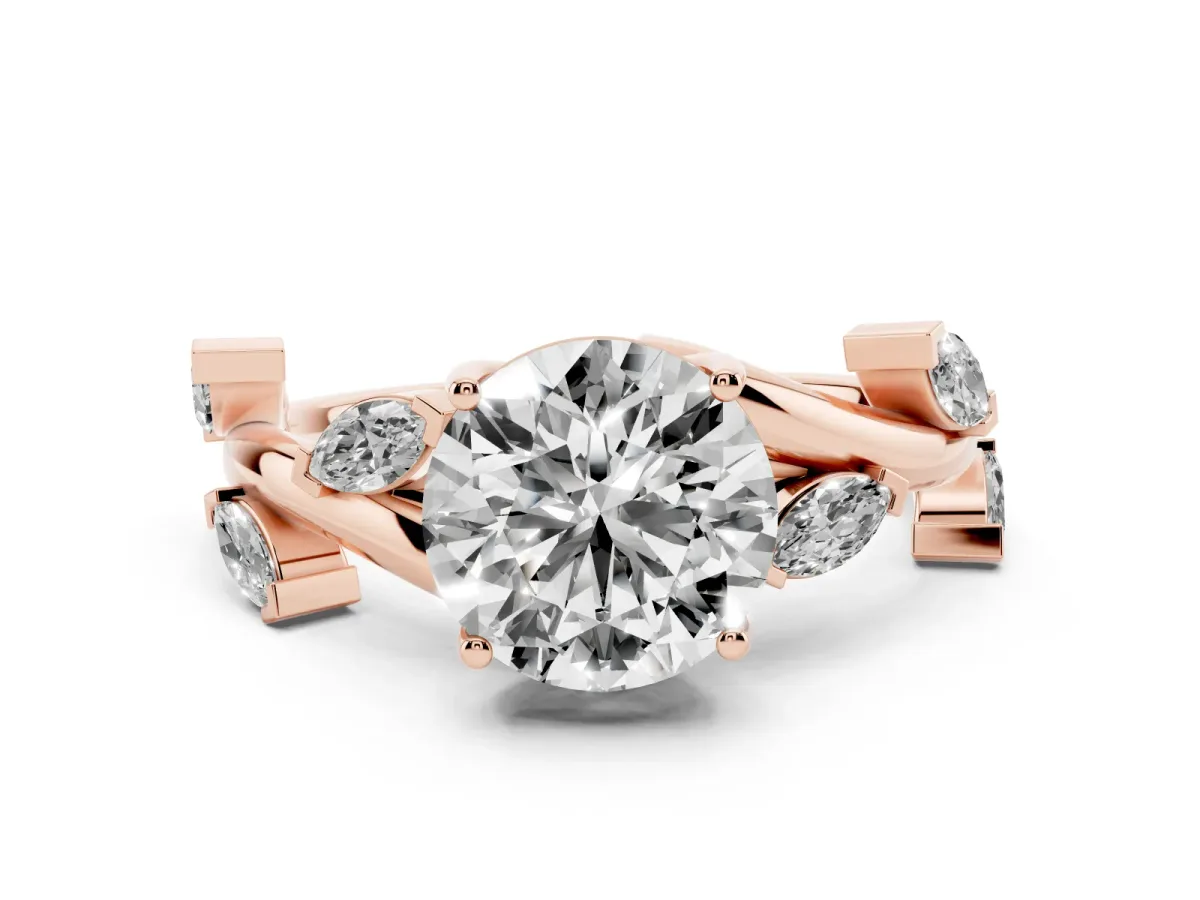 Round Cut Diamond Solitaire Ring Set in Rose gold with Twisted Marquise Accent Band