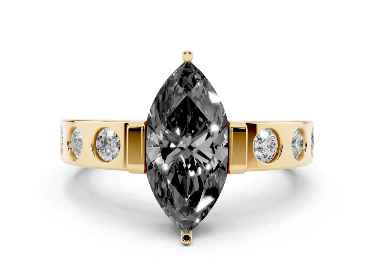 Fancy Black Marquise Cut Diamond Channel-Set Band Ring Set in Yellow gold with Bezel Prong Setting