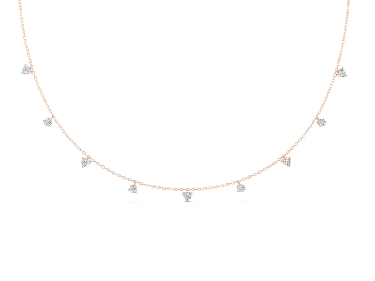 Heart and Round Diamond Station Necklace Set in Rose gold with Alternating Stones