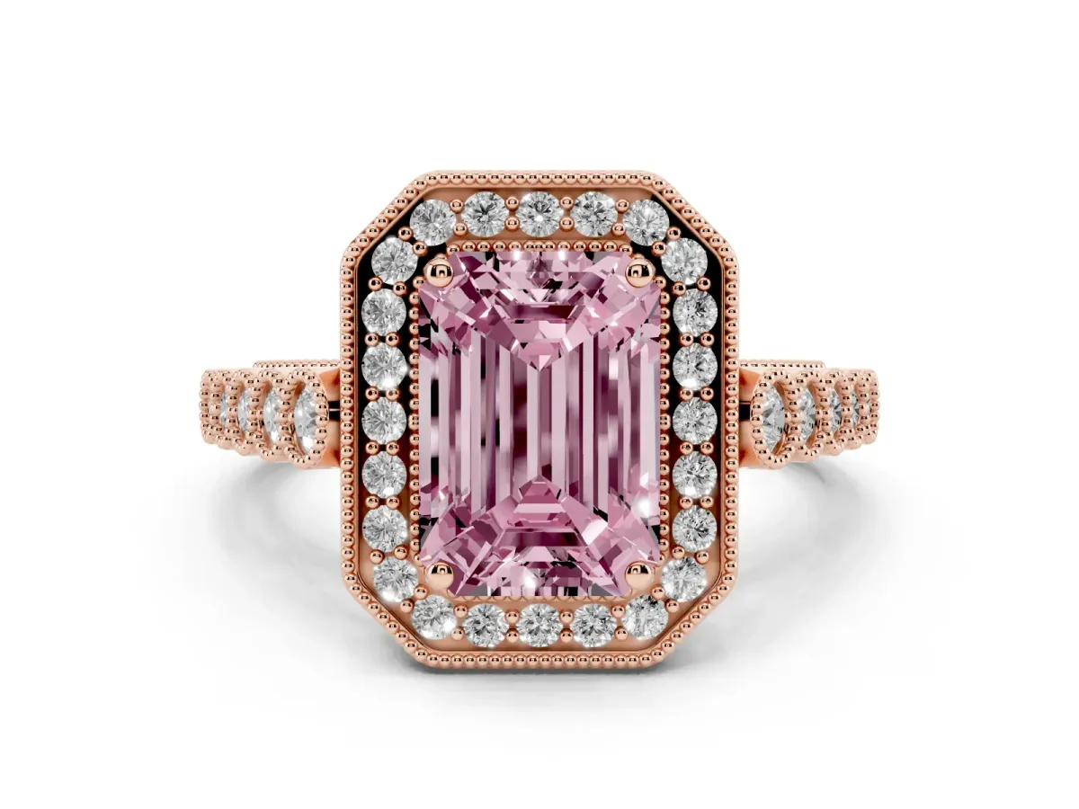 Fancy Pink Emerald Cut Diamond Milgrain Halo Solitaire Ring Set in Rose gold with Bezel Set Side Stones and Pavé Band