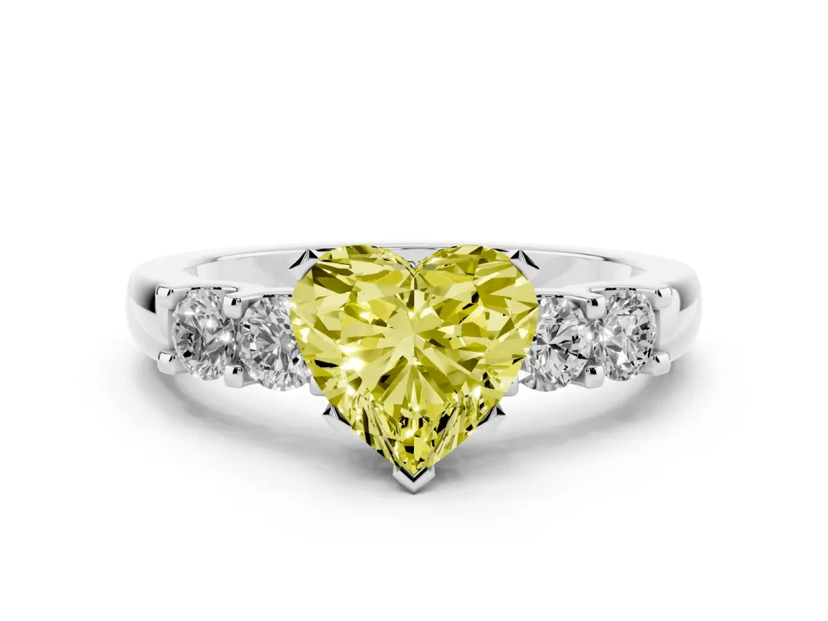 Fancy Yellow Heart Cut Diamond Five-Stone Prong Set Engagement Ring Set in White gold with Channel Band