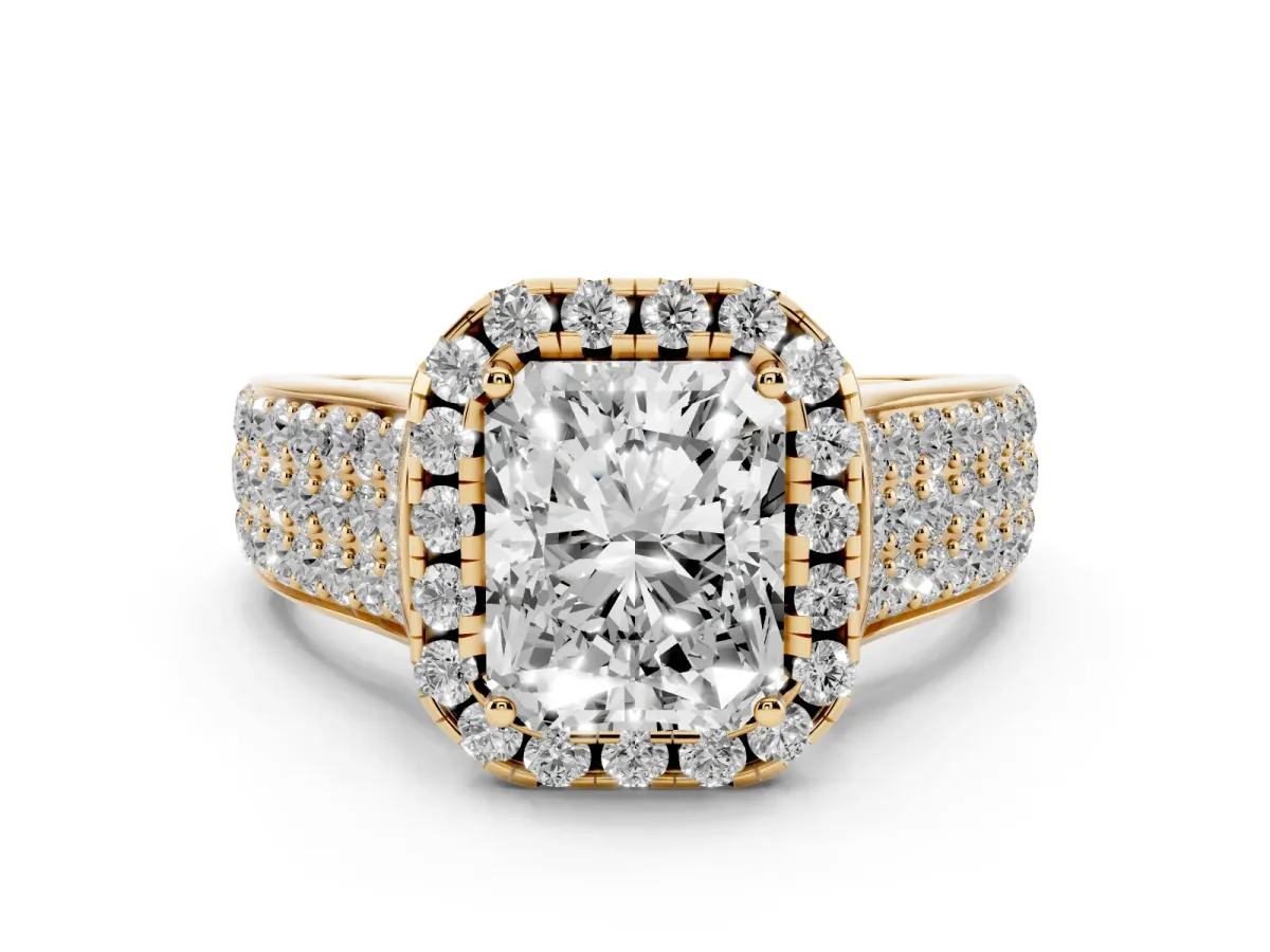 Radiant Cut Diamond Halo Ring Set in Yellow gold with Pavé Band and Raised Center Setting