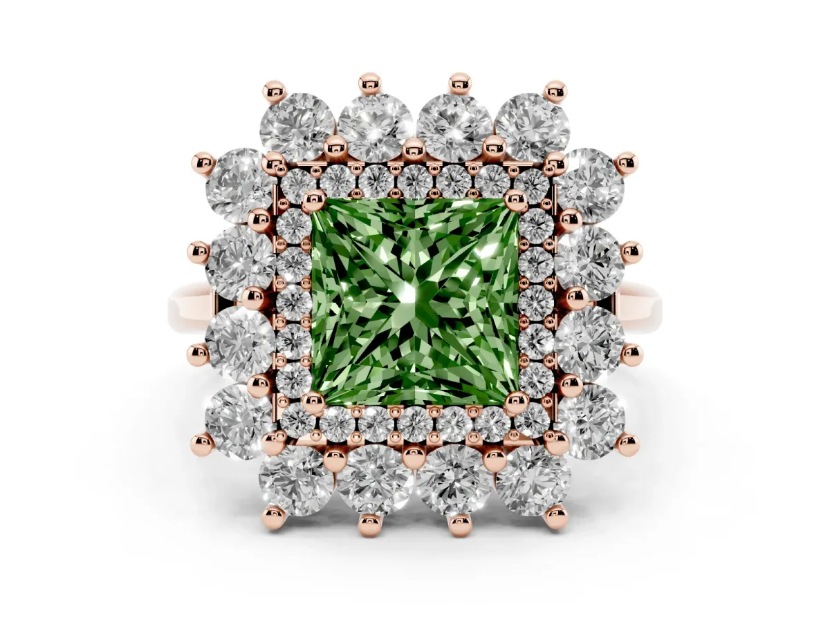 Fancy Green Princess Cut Diamond Floral Double Halo Ring Set in Rose gold with Round Petals