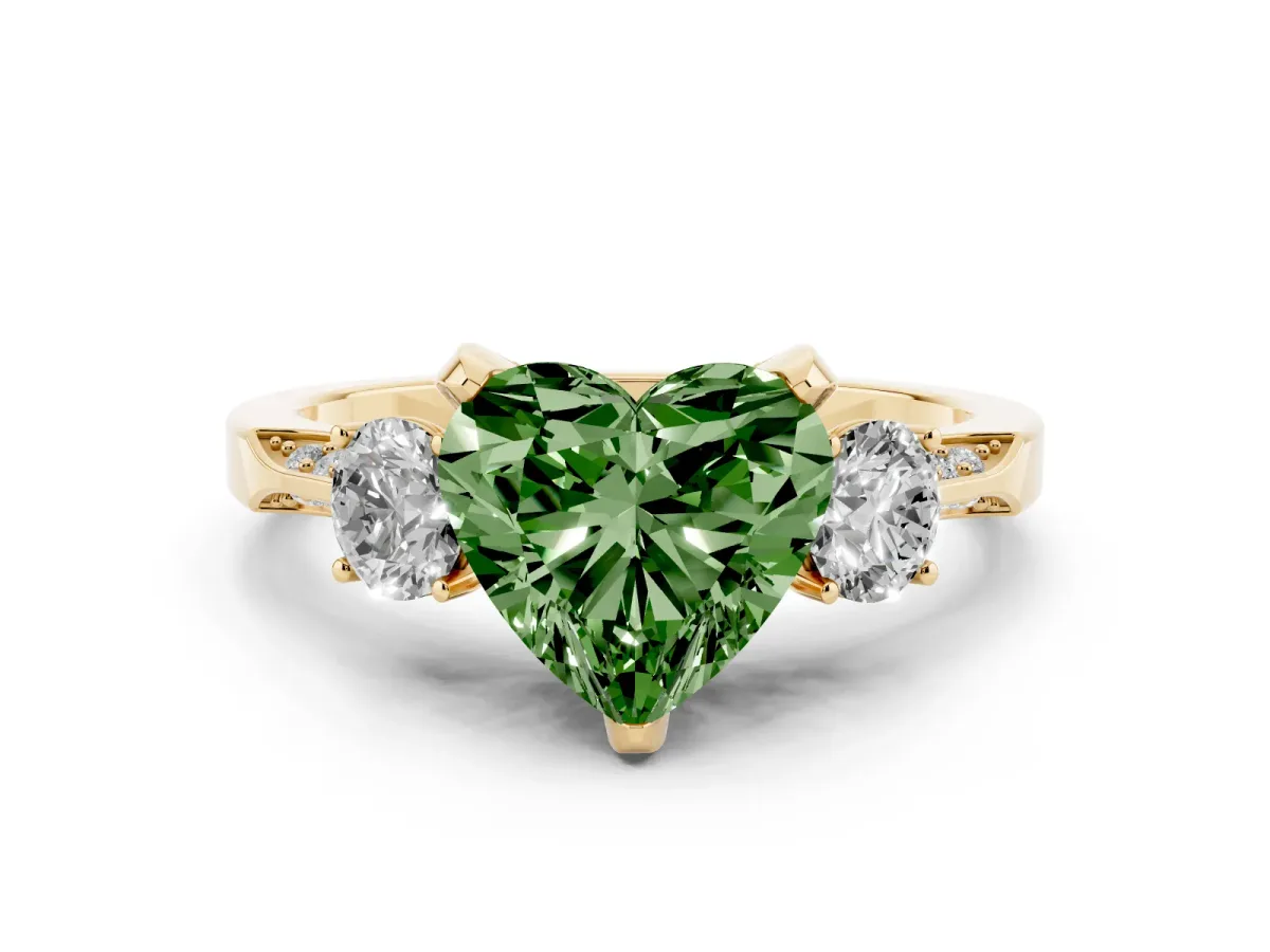 Fancy Green Heart Cut Diamond Three-Stone Ring Set in Yellow gold with Pavé Band and Smaller Side Stones