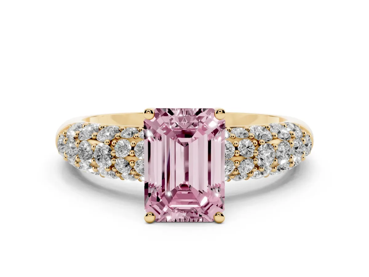 Fancy Pink Emerald Cut Diamond Pavé Band Solitaire Ring Set in Yellow gold with Close-Set Accent Stones and Prong Setting
