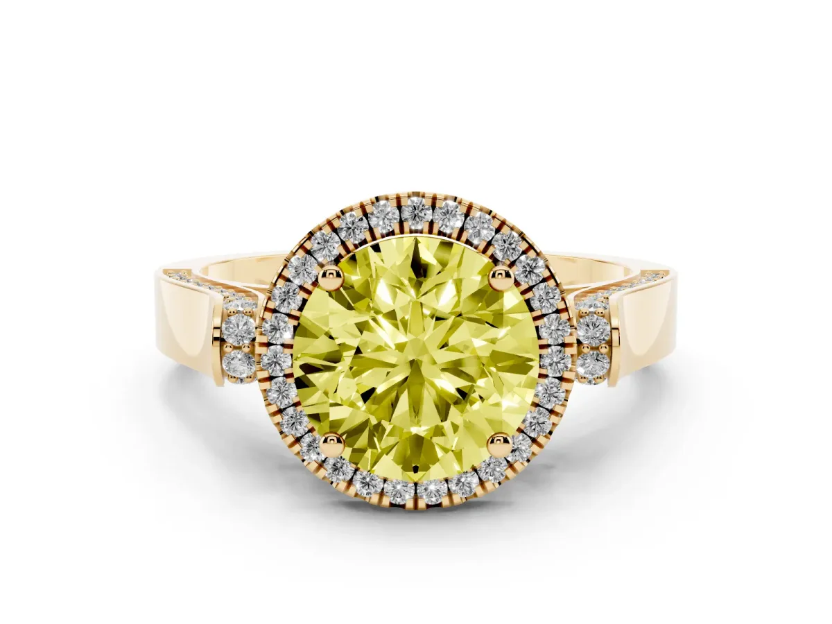 Fancy Yellow Round Cut Diamond Halo Ring Set in Yellow gold with Pavé-Lined Split Shank Band