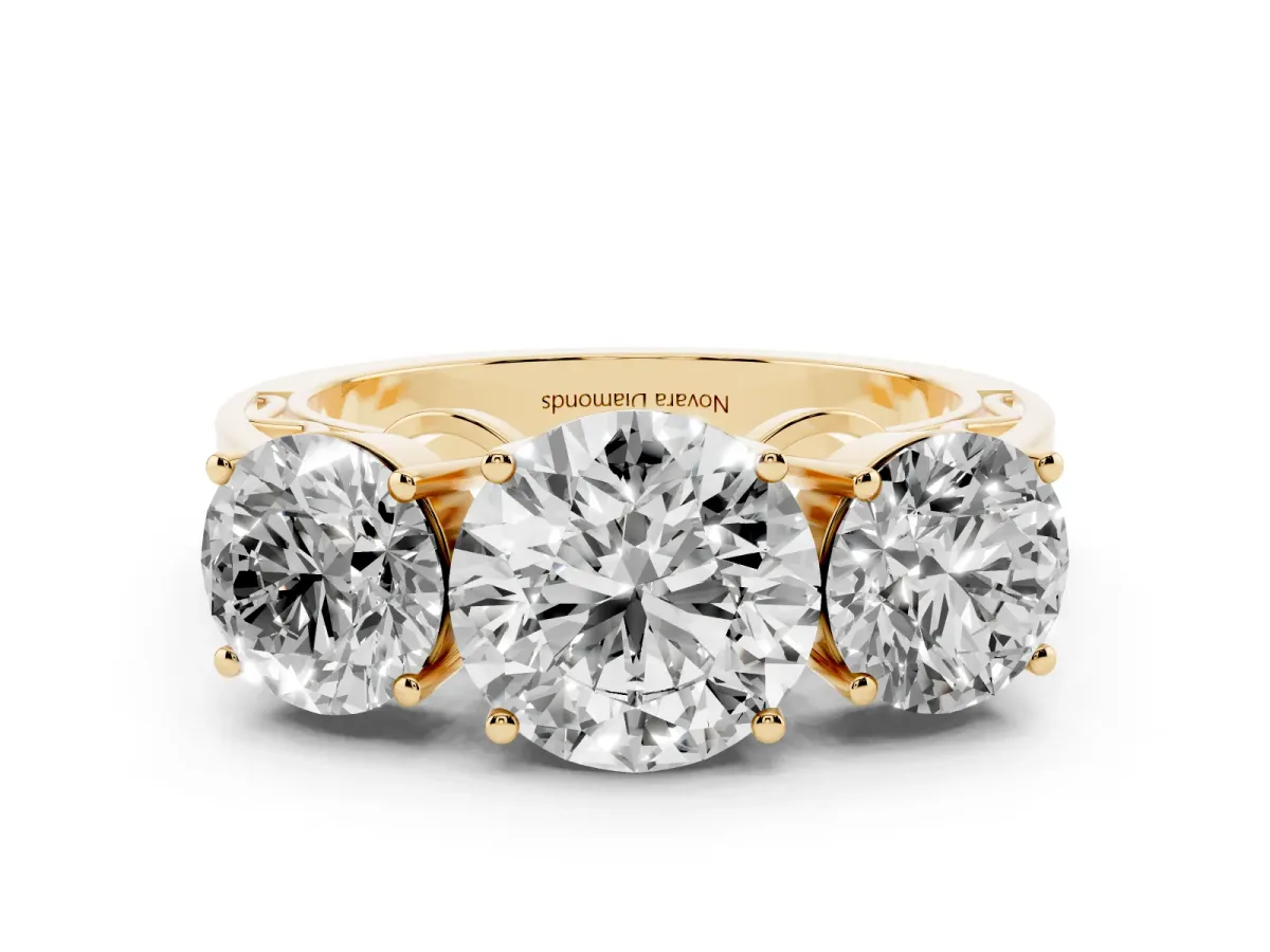 Round Cut Diamond Three-Stone Ring Set in Yellow gold with Textured Band