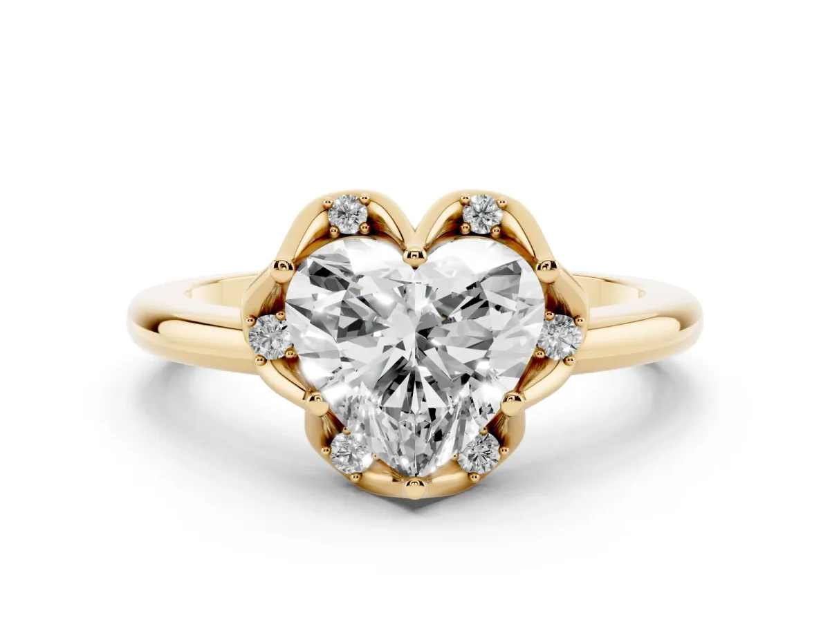 Heart Cut Diamond Round Cluster Halo Ring Set in Yellow gold with Solitaire Band and Prong Setting