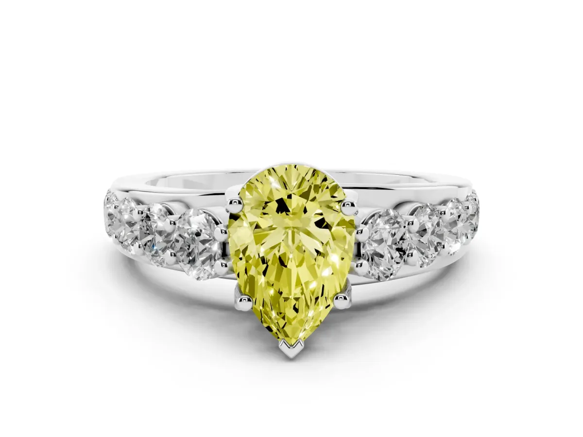 Fancy Yellow Pear Cut Diamond Pavé Engagement Ring Set in Platinum with Prong Setting