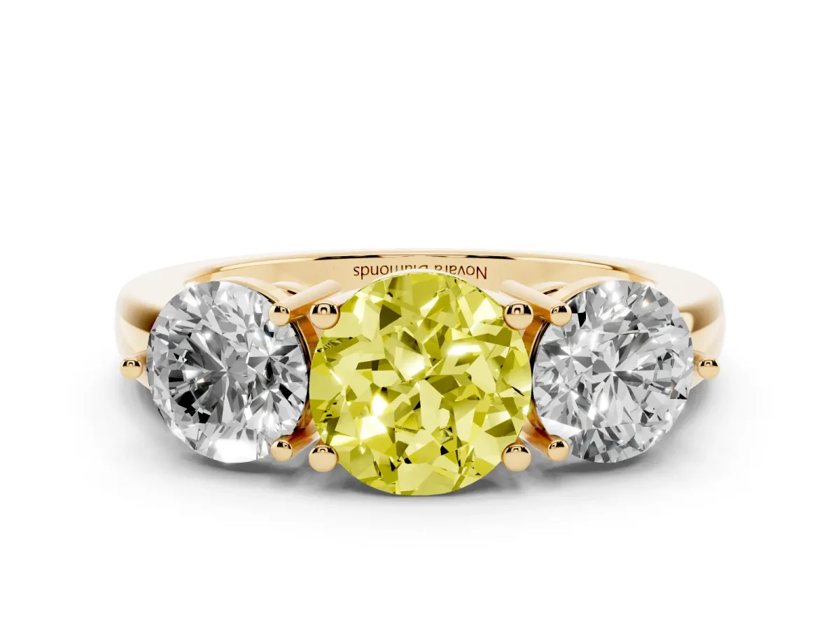 Fancy Yellow Round Cut Diamond Three-Stone Ring Set in Yellow gold with Prong Setting and Plain Band