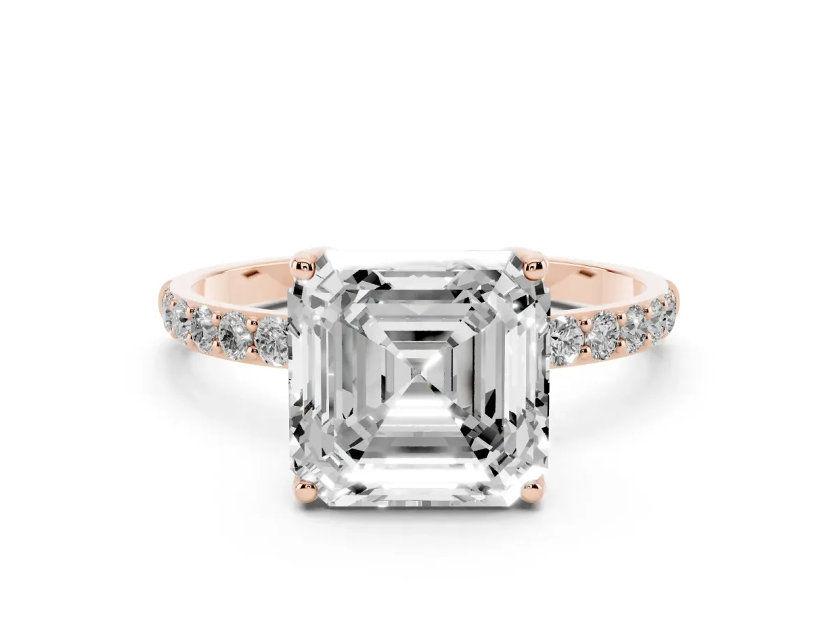 Asscher Cut Diamond Solitaire Engagement Ring Set in Rose gold with Round Pavé Band and Prong Setting