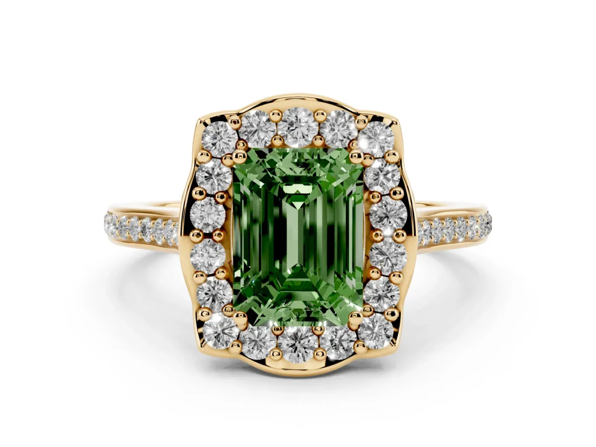 Fancy Green Emerald Cut Diamond Halo Ring Set in Yellow gold with Pavé-Lined Shoulders and Prong Setting