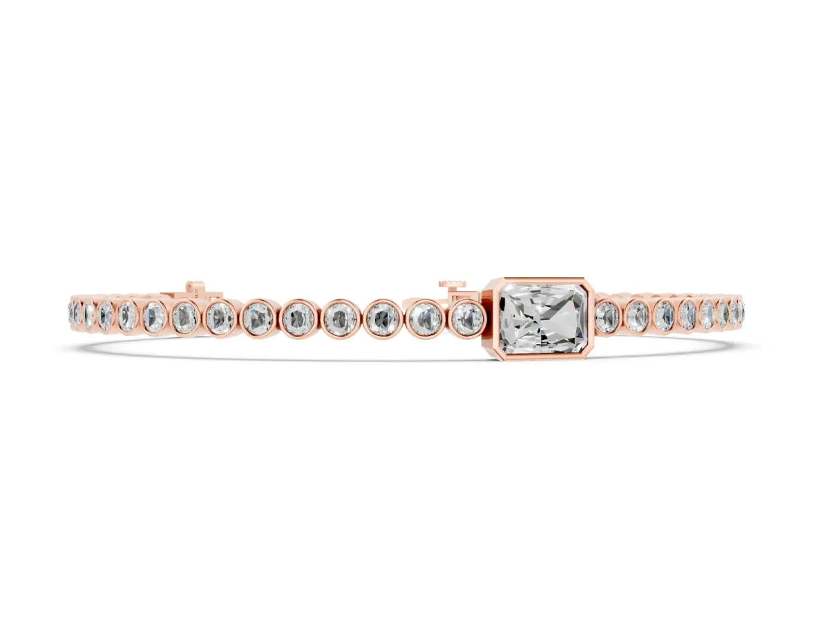 Round Diamond Bezel-Set Tennis Bracelet Set in Rose gold with Radiant Cut Center Stone