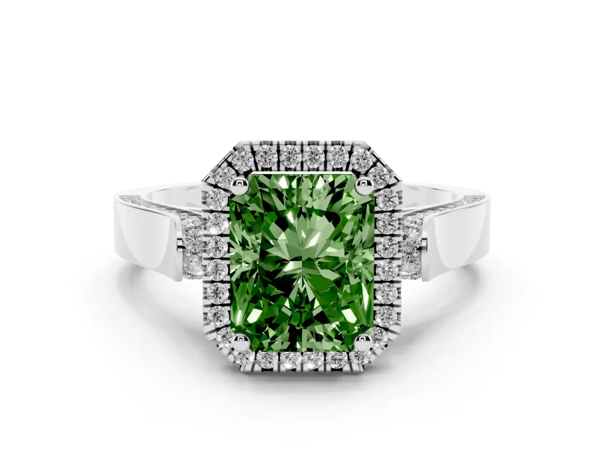 Fancy Green Radiant Cut Diamond Halo Ring Set in Silver with Pavé-Lined Split Shank Band