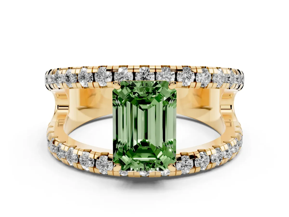 Fancy Green Emerald Cut Diamond Split Shank Pavé Solitaire Ring Set in Yellow gold with Open Shank Design