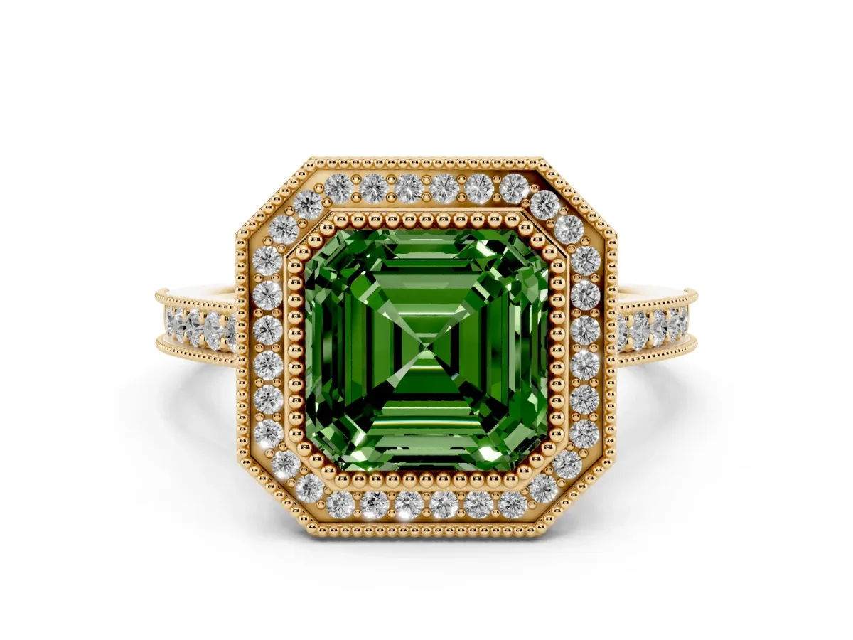 Fancy Green Asscher Cut Diamond Halo Milgrain Pavé Band Ring Set in Yellow gold with Prong Setting