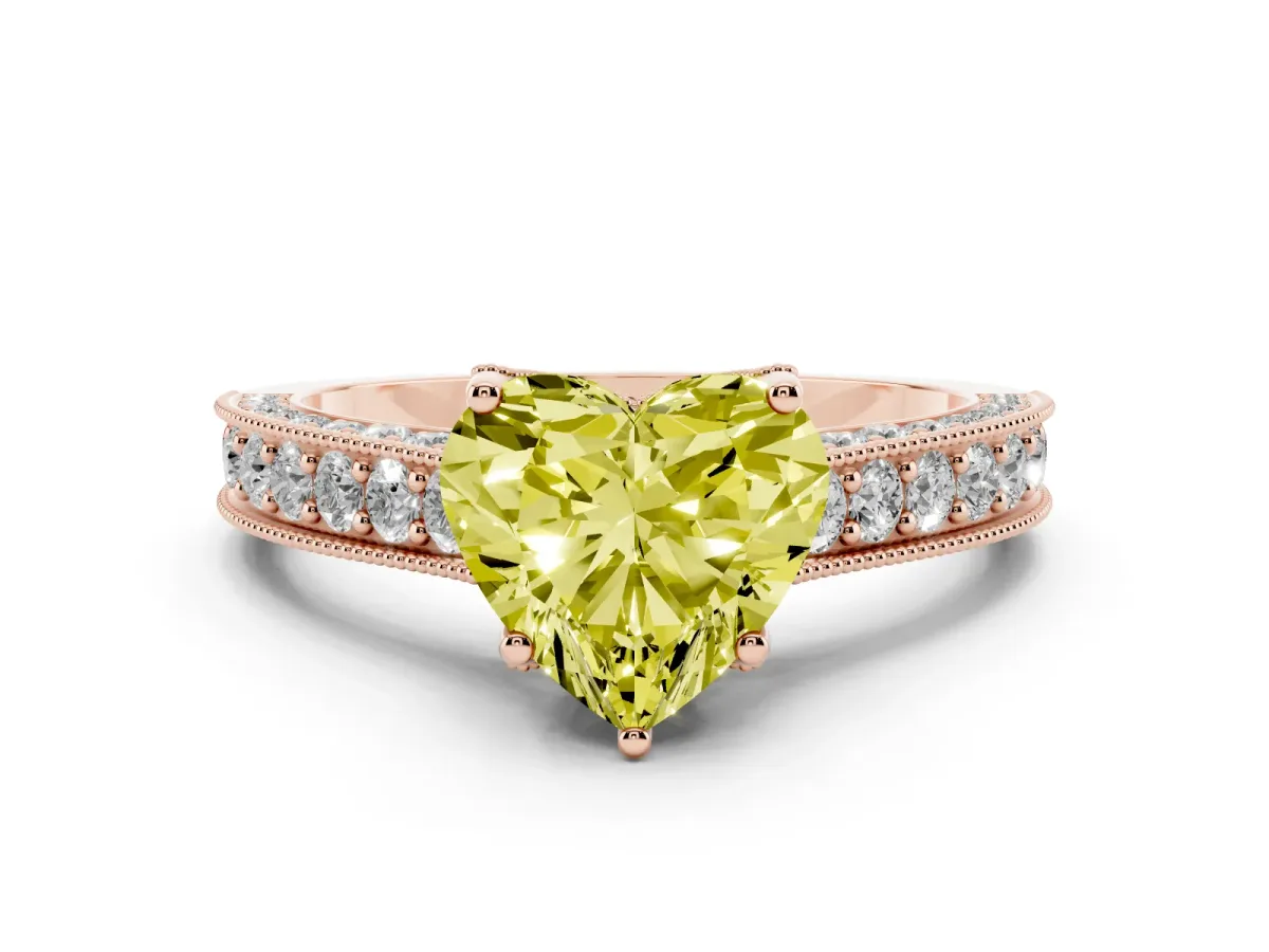 Fancy Yellow Heart Cut Diamond Solitaire Ring Set in Rose gold with Milgrain-Edged Pavé Band and Prong Setting