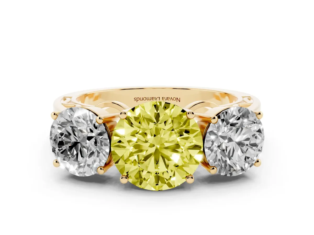 Fancy Yellow Round Cut Diamond Three-Stone Ring Set in Yellow gold with Textured Band
