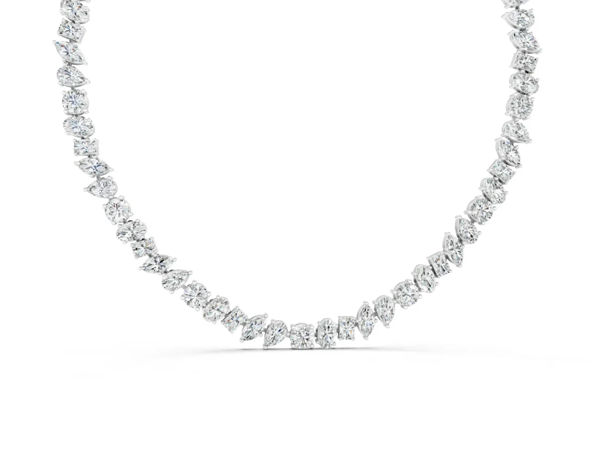 Mixed Shape Diamond Tennis Necklace Set in Silver with Round, Oval and Pear Stones