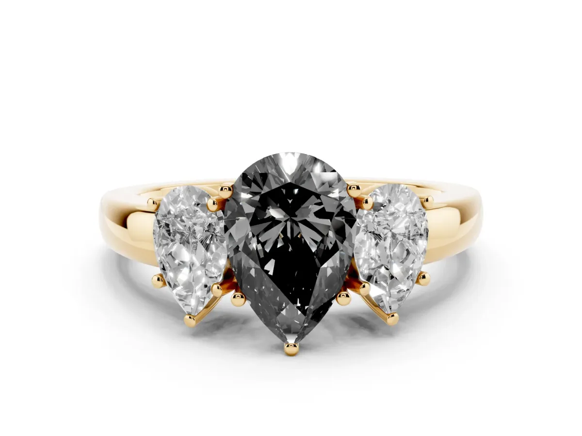 Fancy Black Pear Cut Diamond Three-Stone Ring Set in Yellow gold with Bold Center and Classic Band