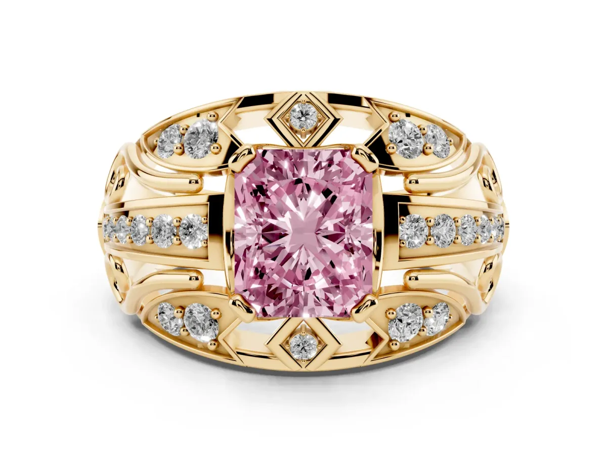 Fancy Pink Radiant Cut Diamond Art Deco Ring Set in Yellow gold with Pavé Split Shank