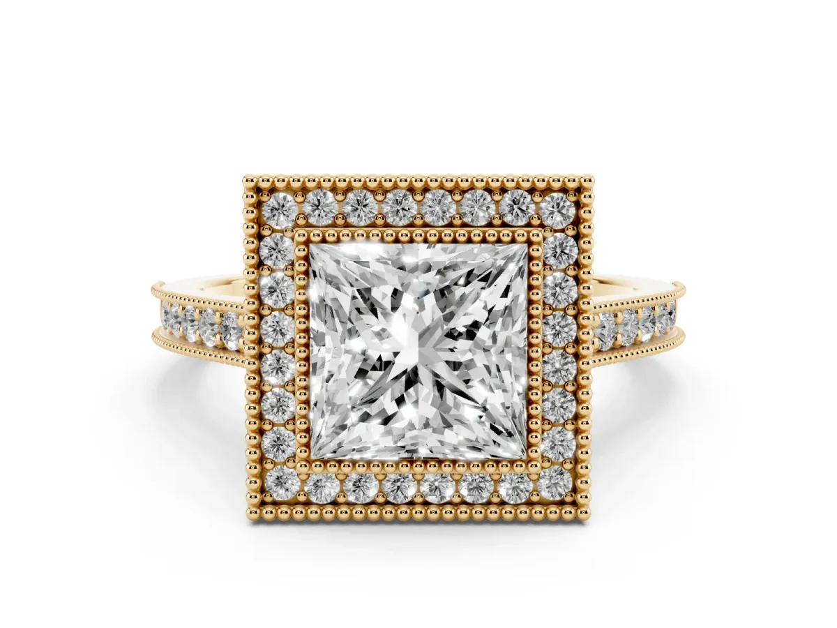 Princess Cut Diamond Halo Milgrain Pavé Band Ring Set in Yellow gold with Prong Setting