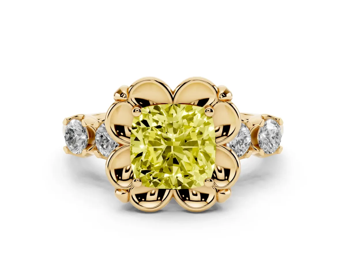 Fancy Yellow Cushion Cut Diamond Floral Halo Ring Set in Yellow gold with Shared Prong Band
