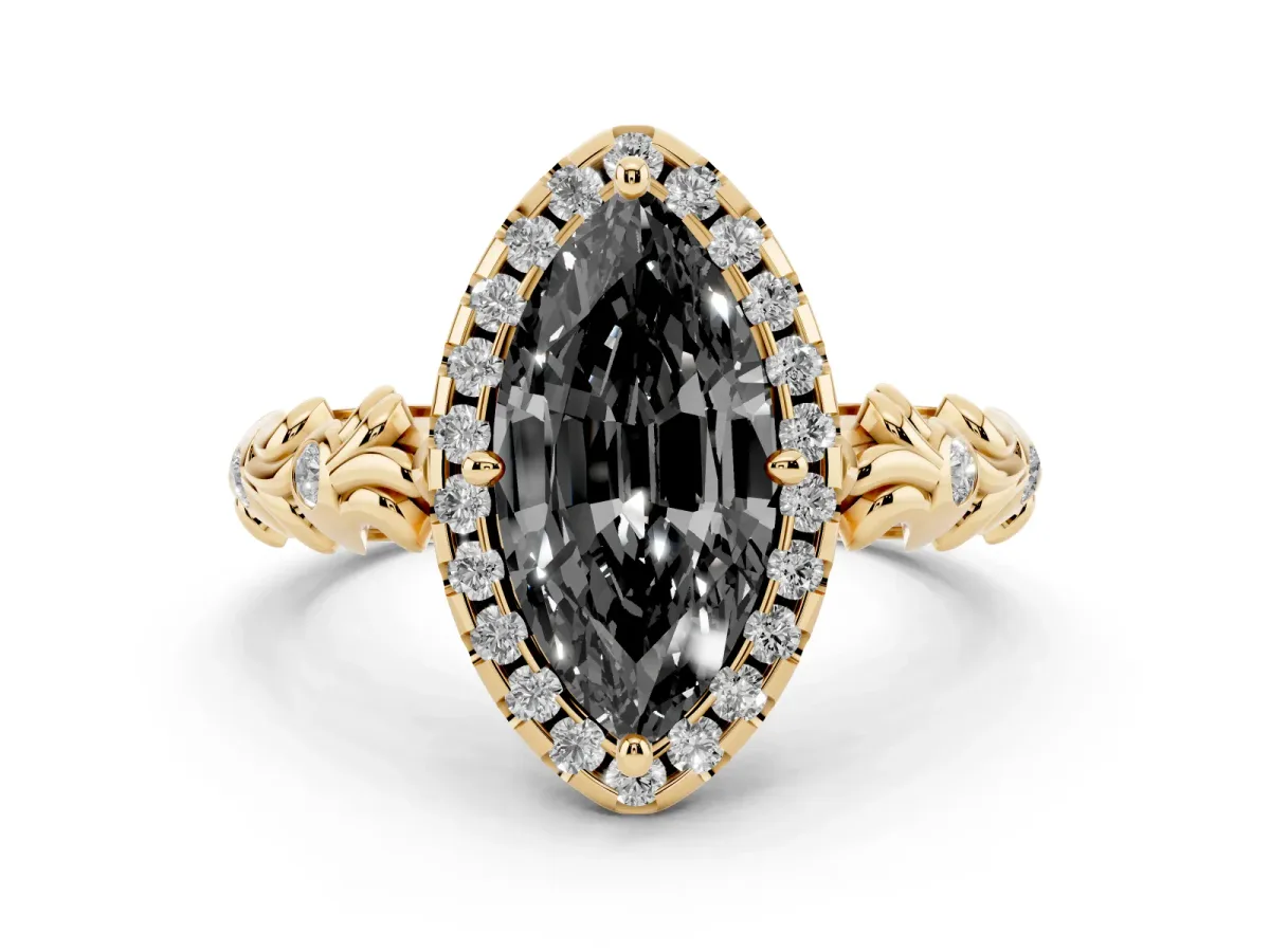 Fancy Black Marquise Cut Diamond Halo Ring Set in Yellow gold with Filigree Leaf Band and Prong Setting