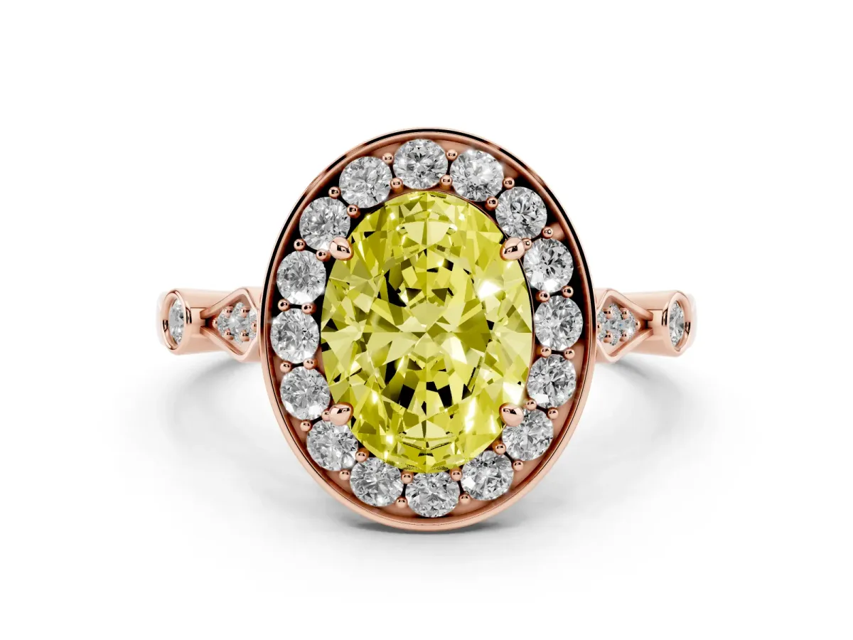 Fancy Yellow Oval Cut Diamond Halo Engagement Ring Set in Rose gold with Twisted Band and Prong Setting
