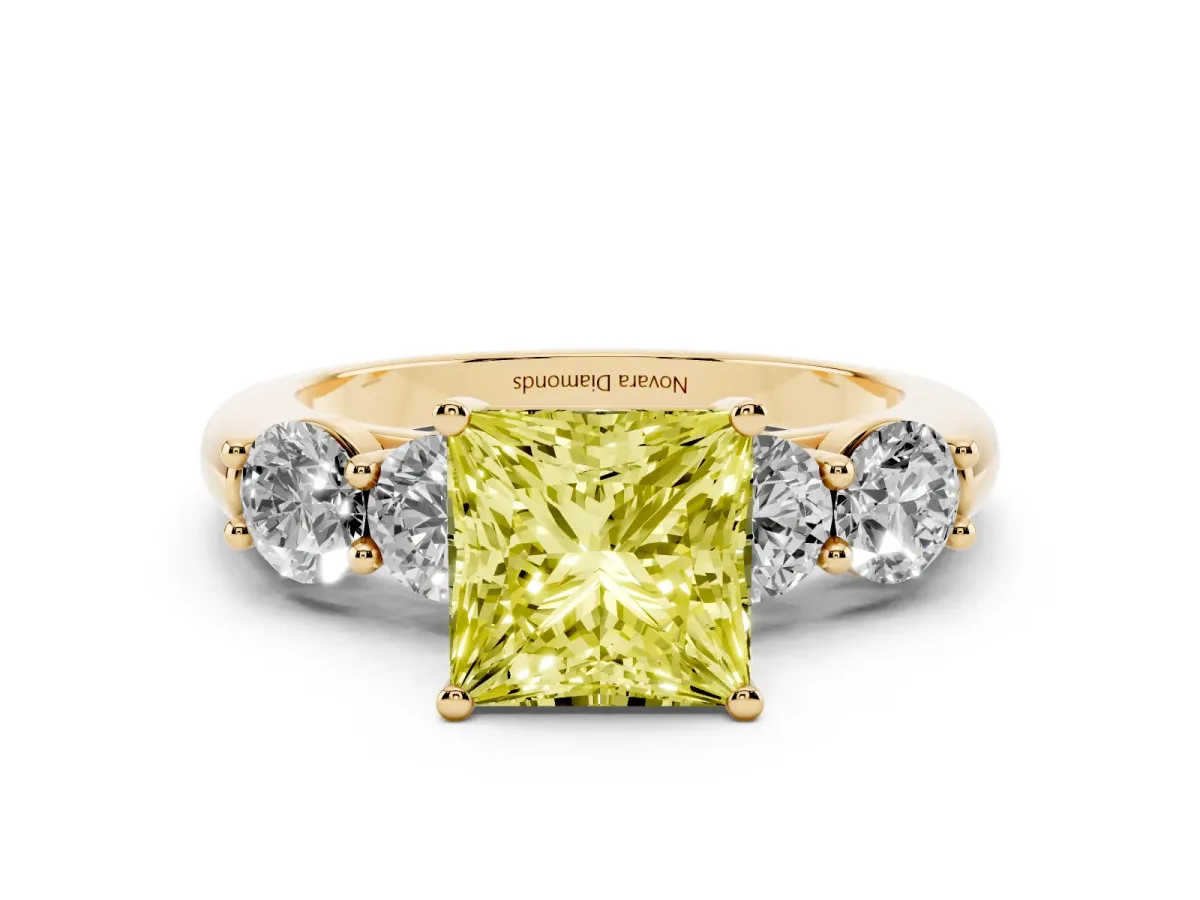 Fancy Yellow Princess Cut Diamond Five-Stone Prong Set Ring Set in Yellow gold with Classic Band