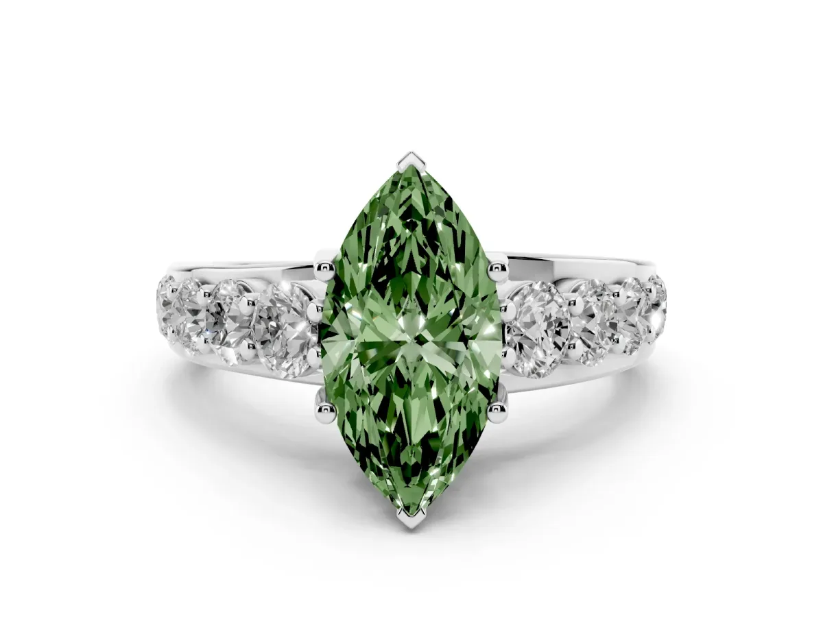 Fancy Green Marquise Cut Diamond Pavé Engagement Ring Set in White gold with Prong Setting