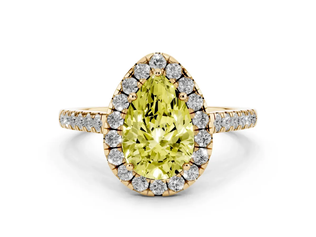 Fancy Yellow Pear Cut Diamond Halo Pavé Engagement Ring Set in Yellow gold with Prong Setting