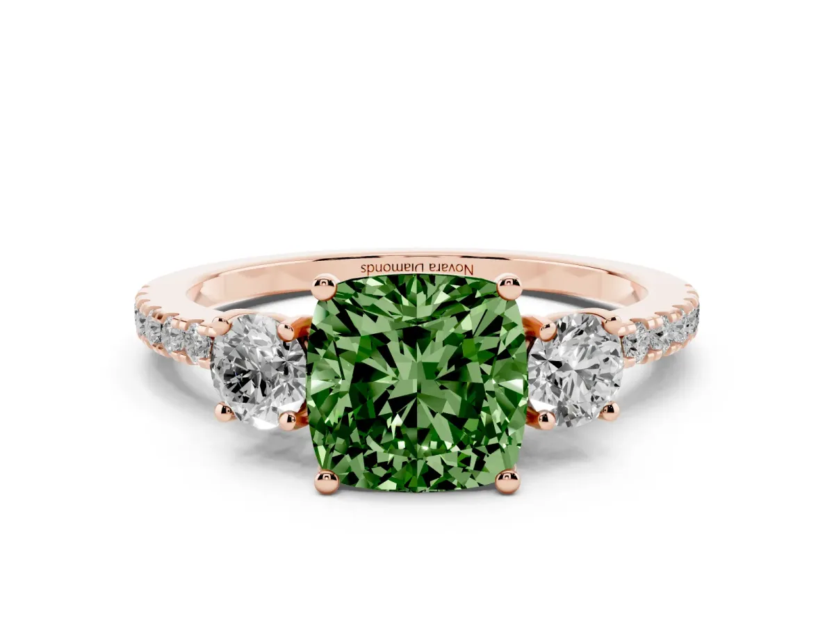 Fancy Green Cushion Cut Diamond Three-Stone Ring Set in Rose gold with Pavé Band and Graduated Sides