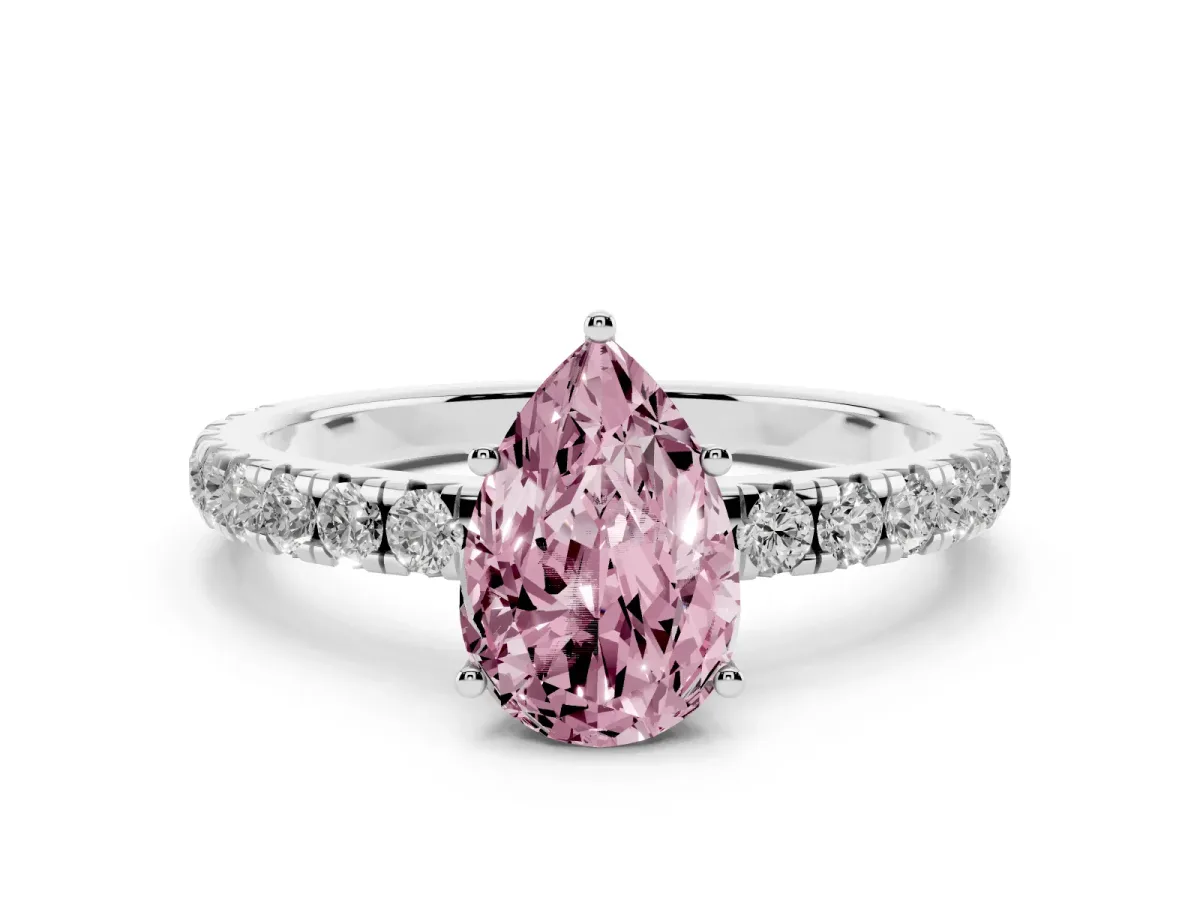 Fancy Pink Pear Cut Diamond Pavé Solitaire Engagement Ring Set in Silver with Prong Setting