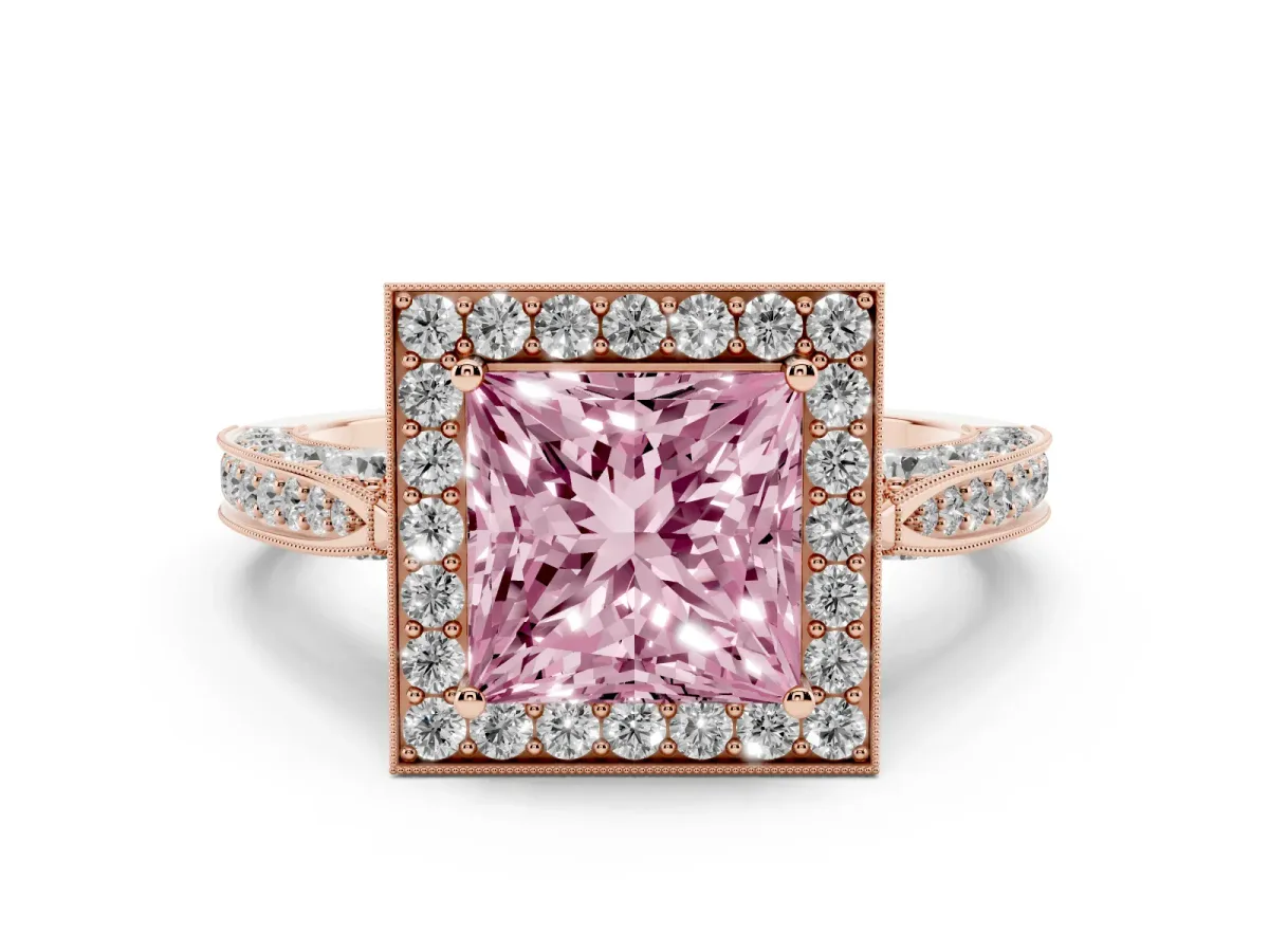 Fancy Pink Princess Cut Diamond Halo Engagement Ring Set in Rose gold with Accent Split Shank Band
